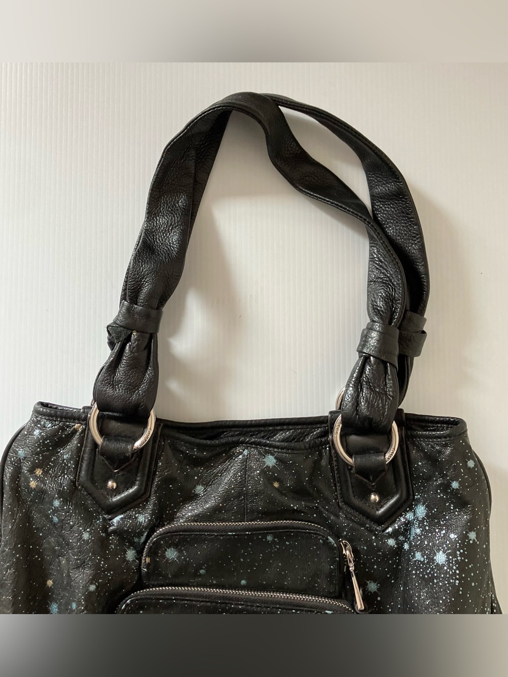 Aimee Kestenberg Galaxy Print Leather Tote Bag Black Shoulder Bag - Picture 7 of 11